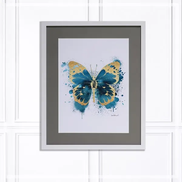 FORTUNE  有框畫 抽象藍色蝴蝶水彩畫