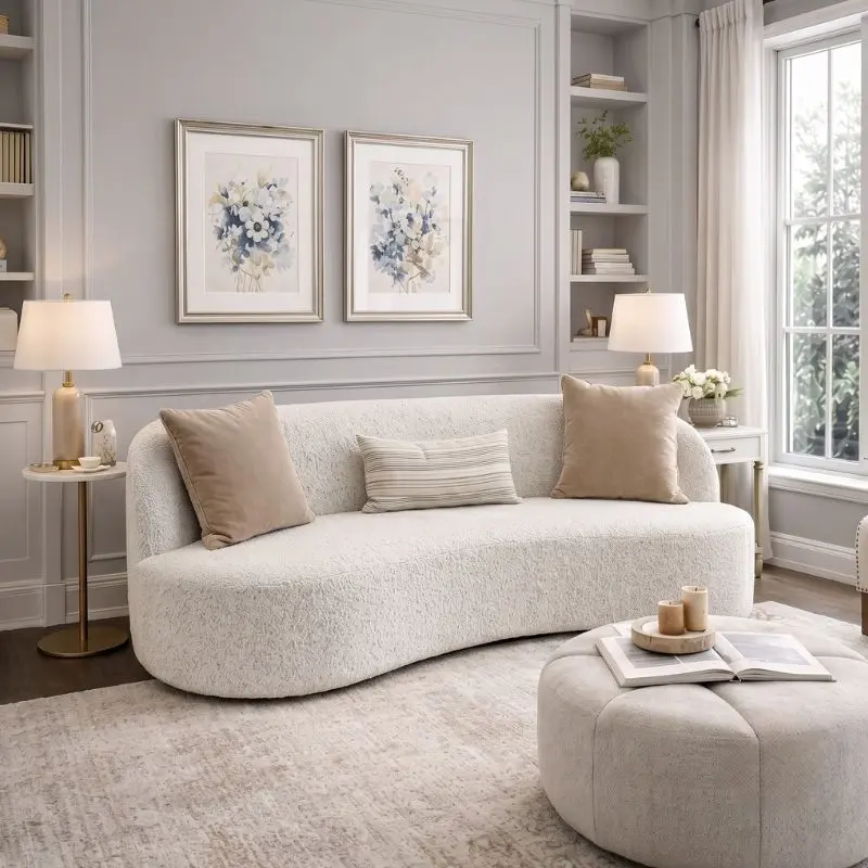 Bernhardt Living ELLE 三人布沙發配置於現代客廳空間,搭配抱枕與淺色地毯。 Bernhardt Living ELLE 三人布沙發配置於現代客廳空間,搭配抱枕與淺色地毯。