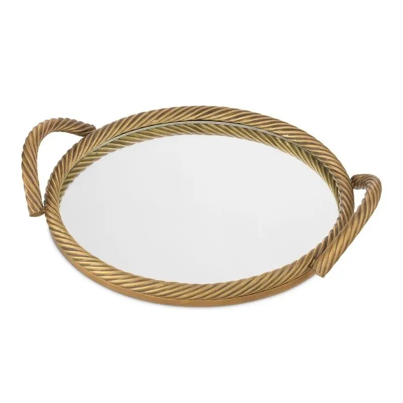 SALVI 圓形托盤採用 Vintage Brass 復古黃銅飾面與 Mirror Glass 鏡面玻璃，適合作為 Contemporary Luxury 客廳展示托盤。