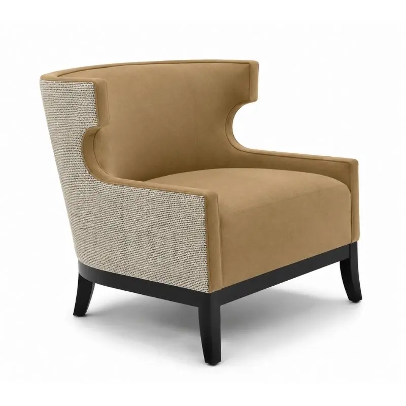 Bernhardt Emma Chair 雙材質布面單椅，採用環抱式扶手與黑色木質椅腳設計。