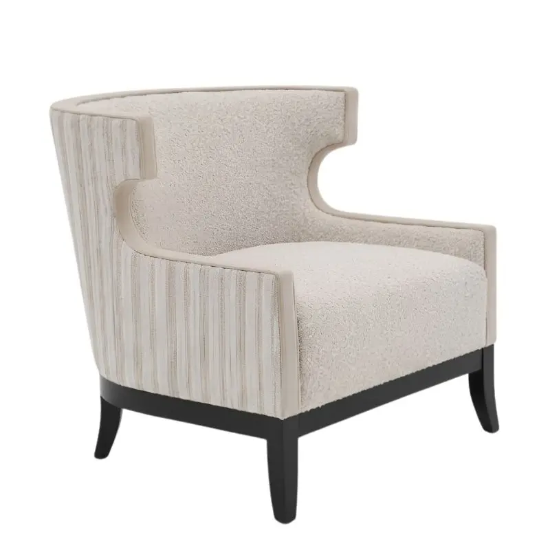 Bernhardt Emma Chair 米白雙材質布面單椅，採用環抱式扶手與黑色木質椅腳設計。