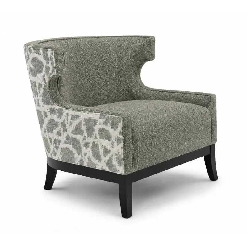 Bernhardt Emma Chair 綠色雙材質布面單椅，採用環抱式扶手與黑色木質椅腳設計。